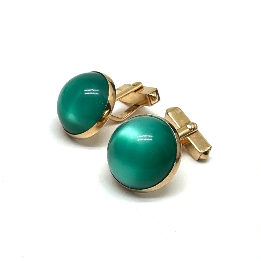 SWANK Vintage Green Moonglow Lucite Dome Cuff Links in Goldtone